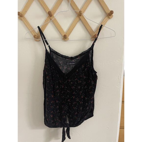 Abercrombie & Fitch Top Small Black Spaghetti Strap Crop Front Tie Button Up - Picture 1 of 7